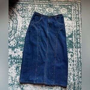 Denim Midi Skirt with Stud Detail - Blue